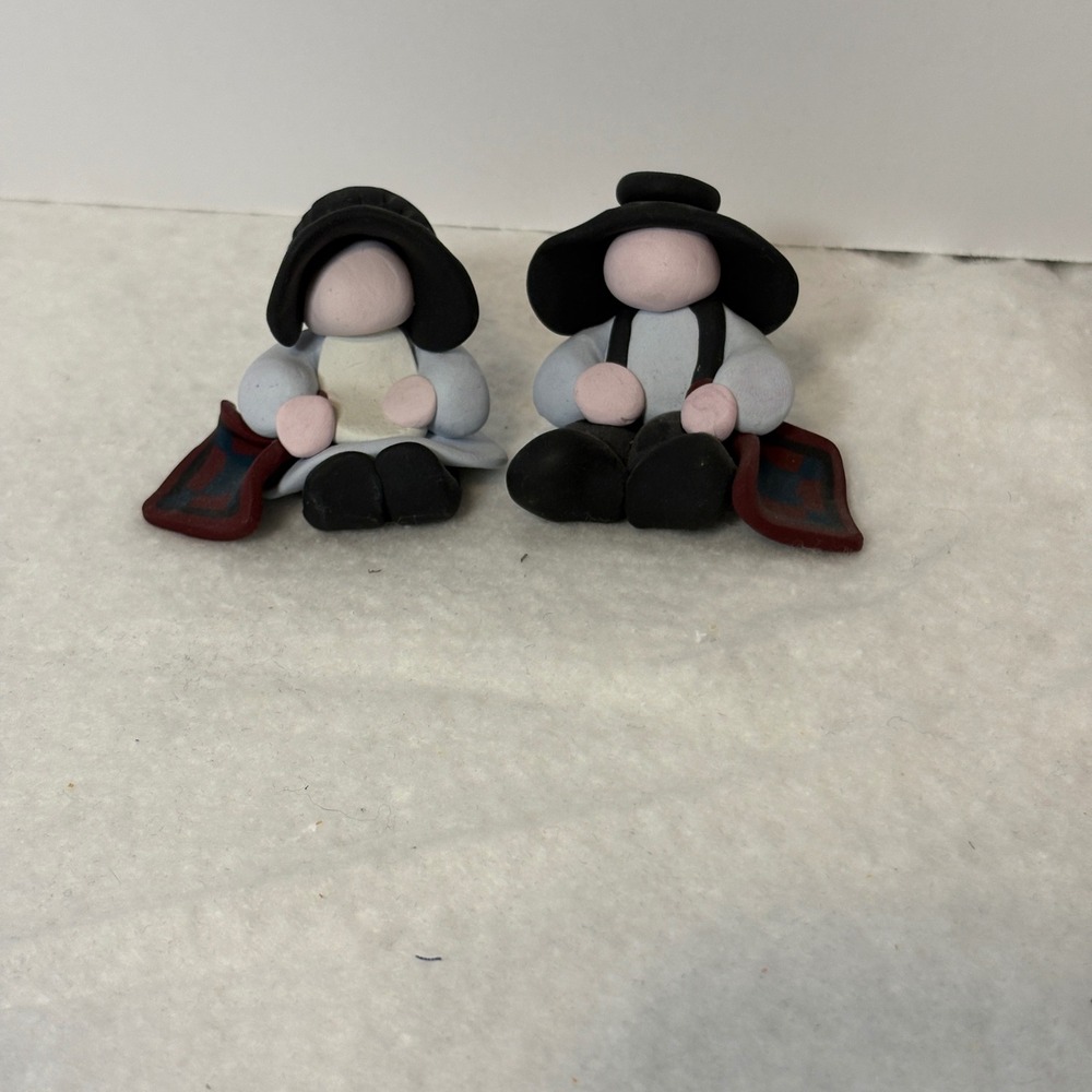 Handmade Polymer Clay Amish Pilgrim Couple Figurines Miniature Folk Art Set